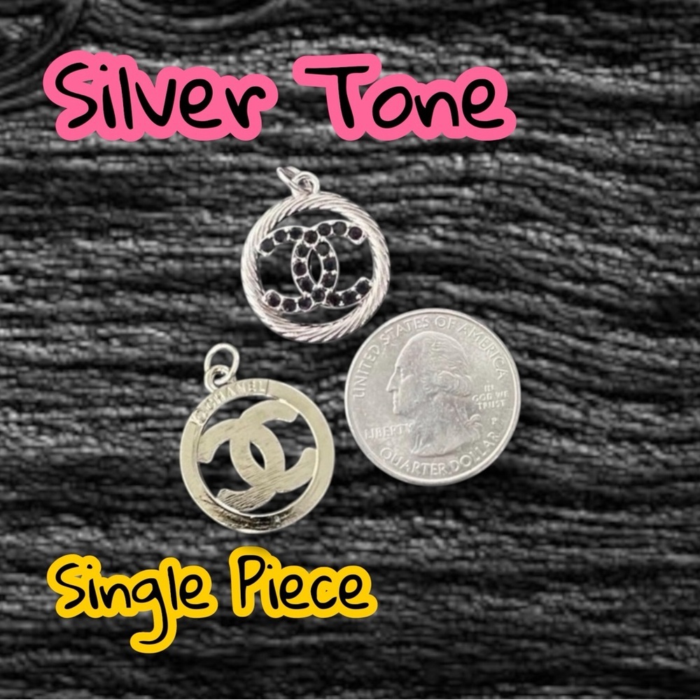 Single Piece Silver Black Rhinestone Round Chanel Zipper Pull Charm